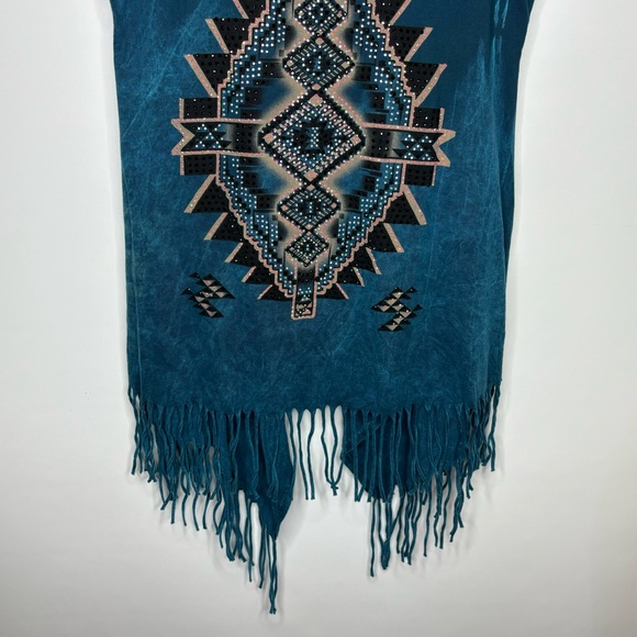 Vocal Turquoise Blue Rhinestone Studded Southwestern Fringe Open Vest - Picture 11 of 16
